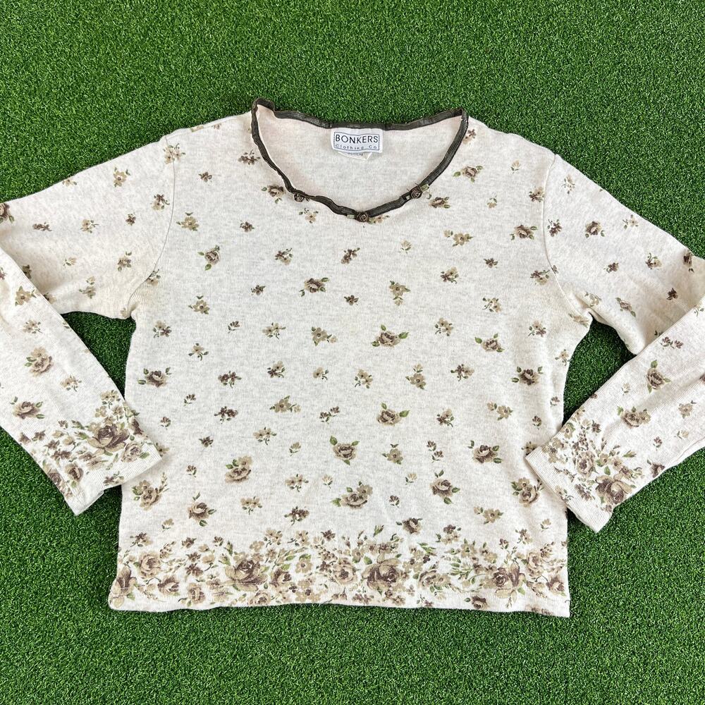 Vintage 90s Y2K Bonkers Ivory Ribbed Brown Floral Print Long Sleeve Baby T Sz M